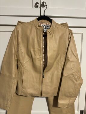 Clio Beige Leather Zip-Front Jacket